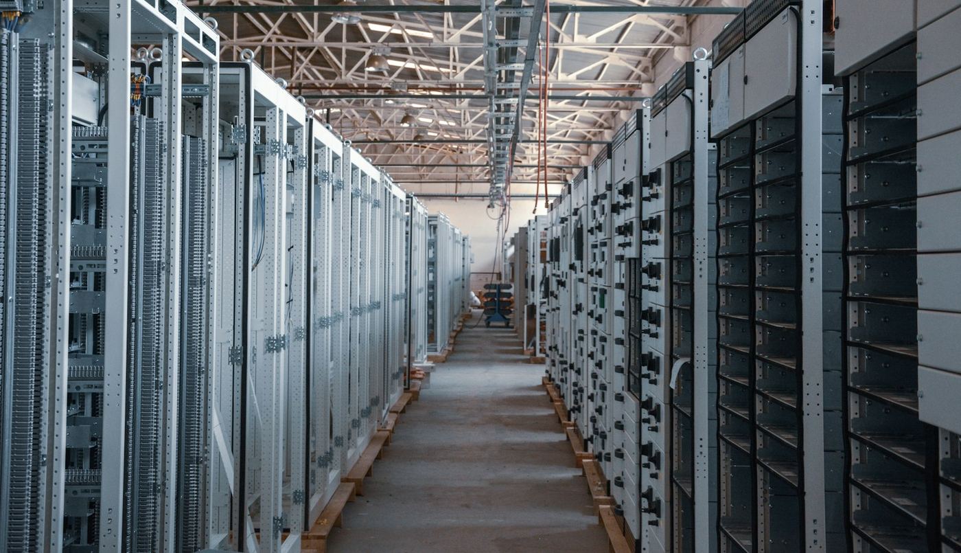 Server room aisle with network racks